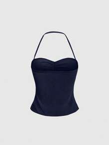 Sweetra Top de tirantes de cuello halter de unicolor, uso diario simple, estilo Y2K para mujer - Azul Marino - Ver 2