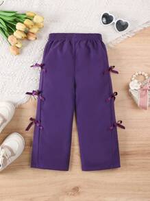SHEIN Pantalones casuales deportivos de pierna ancha y cintura alta con lazo para niñas, pantalones de chándal livianos color rosa para primavera y verano