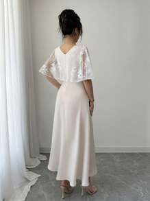 Rafferiza Casual Vacation Vest With Attached Shawl & Long Mesh Elegant Dress - Apricot - View 2