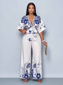 SOLERSUN Women's Spring/Summer Vacation Style Floral Print Butterfly Sleeve Crop Blouse & Wide Leg Pants Two-Piece Set - Apricot - View 6