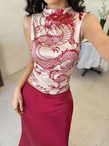 EastFlair Áo ba lỗ xếp ly thời trang in hình rồng Trung Hoa cỡ lớn cho nữ - Đỏ - Xem 5