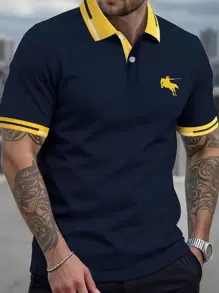 Manfinity Homme Men's Navy Blue Short Sleeve Polo T-Shirt With Yellow Horse Rider Embroidery And Contrast Trim - Royal Blue - View 1