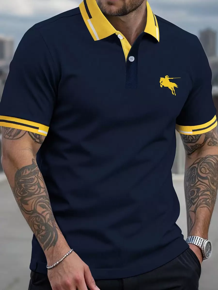 Manfinity Homme Men's Navy Blue Short Sleeve Polo T-Shirt With Yellow Horse Rider Embroidery And Contrast Trim - Royal Blue - View 1