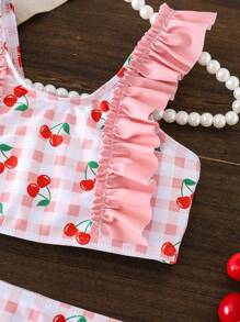 Young Girl Cherry Print Swimwear Set With Ruffles - Multicolor - View 5