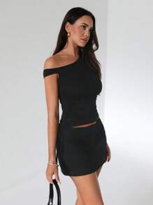 Roylia Women's Fashionable Solid Color Oblique Shoulder Drawstring Top, Summer - Black - View 3