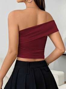 Flirla Women's Solid Color One Shoulder Pleated Cropped Fitted Fashionable Blouse - Burgundy - View 2