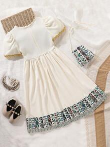 SHEIN Tween Girls Elegant Glitter Print Decorated Dress, Pattern - Green - View 2