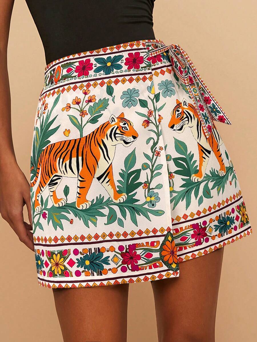 Travachic 编织印花高腰拼接女式半身裙 - 杏色 - 查看 1