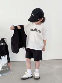 Young Boys Buy Two Get One Free T-Shirt 3 Packs Young Boys Leisure Sports College Artistic Style Retro Japanese And Korean Loose Version With Work Vest And Basic Round Neck T-Shirt And Work Shorts Set