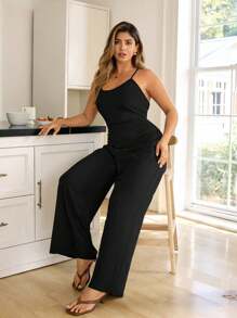KURAYIA Women's Plus Size Elegant Romantic Spaghetti Strap Backless Tie Jumpsuit - Black - View 5