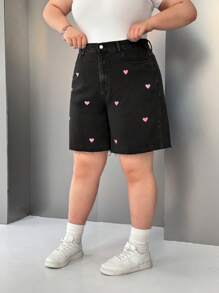SHEIN EZwear Plus Size Women Heart Pocket Loose Casual Denim Shorts - Black - View 5