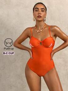 SHEIN Swim 1 件吊带聚拢连体泳衣 - 橘色 - 查看 6