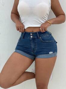SHEIN EZwear 女士牛仔短裤，休闲紧身弹力破洞款，蓝色 - 藍色 - 查看 2