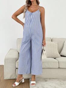 SHEIN Salopetă casual cu dungi de maternitate - Albastru si alb - Vizualizare 3