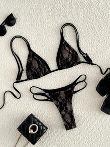 Swim Mod Summer Beach Vacation Women's Sexy Black Lace Deep V-Neck Bikini Top - Black - View 3