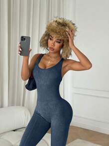 SHEIN Sport Studio Women's Solid Color Criss Cross Open Back Yoga Jumpsuit