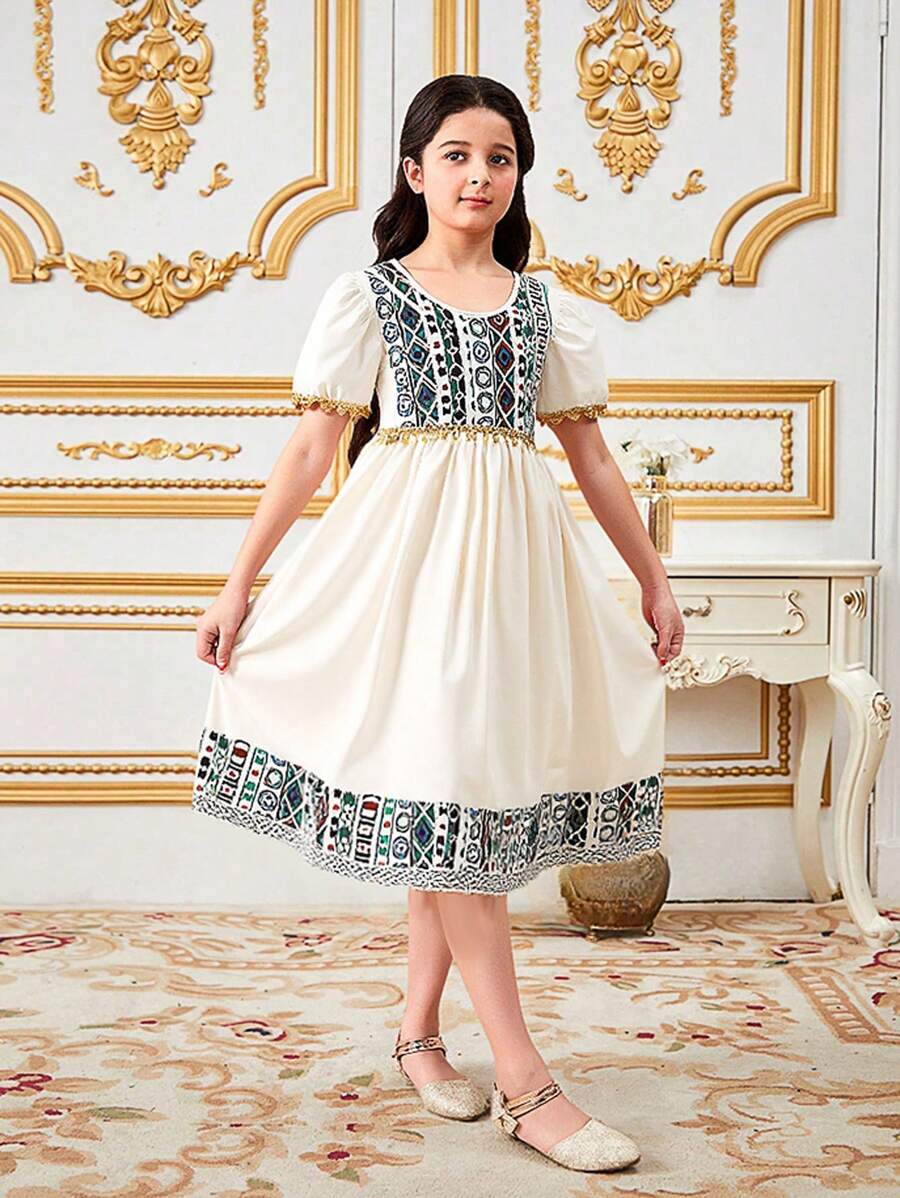 SHEIN Tween Girls Elegant Glitter Print Decorated Dress, Pattern - Green - View 1