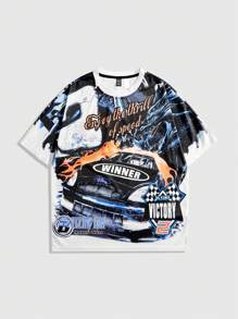 ROMWE MEN Camiseta de manga corta con gráfico de coche y letra para hombre, de verano