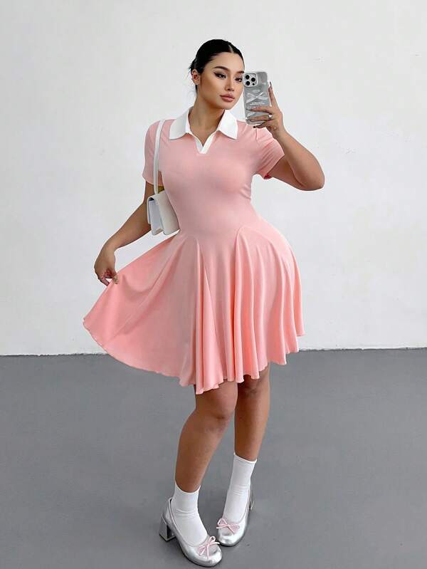 POPSWAY Plus Size Women's Casual Contrast Color Turn-Down Collar A-Line Midi Dress