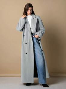 EURMUSE Cappotto casual lungo a doppiopetto con collo a bavero in colore unito, da donna, per l autunno/inverno - Grigio Chiaro - Visualizzare 4