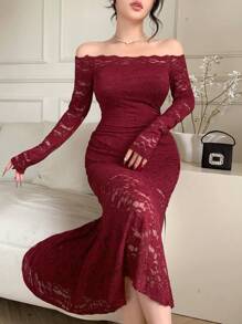 xheDAZY Vestido formal largo de mujer con encaje y parches, elegante, con volantes, vestido largo de manga larga y hombros descubiertos para otoñoxhe - Burdeos - Ver 3