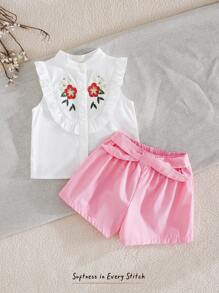 Cozy Pixies Baby Girl Floral Pattern Crew Neck Short Cap Sleeve Shirt & Solid Color Elastic Waist Shorts 2 Pieces Set - Multicolor - View 1