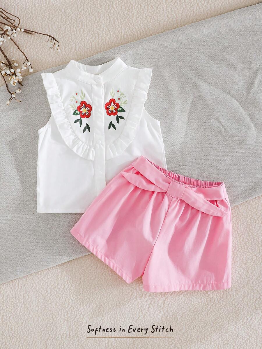 Cozy Pixies Baby Girl Floral Pattern Crew Neck Short Cap Sleeve Shirt & Solid Color Elastic Waist Shorts 2 Pieces Set - Multicolor - View 1