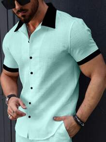 Manfinity Homme Short Sleeve Casual Shirt, Suitable For Summer, Mint Green Outfit Men