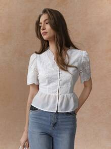 Chiquease Waist-Cinched V-Neck Plain Embroidered Beige Short Sleeve Women Blouse, Spring/Summer