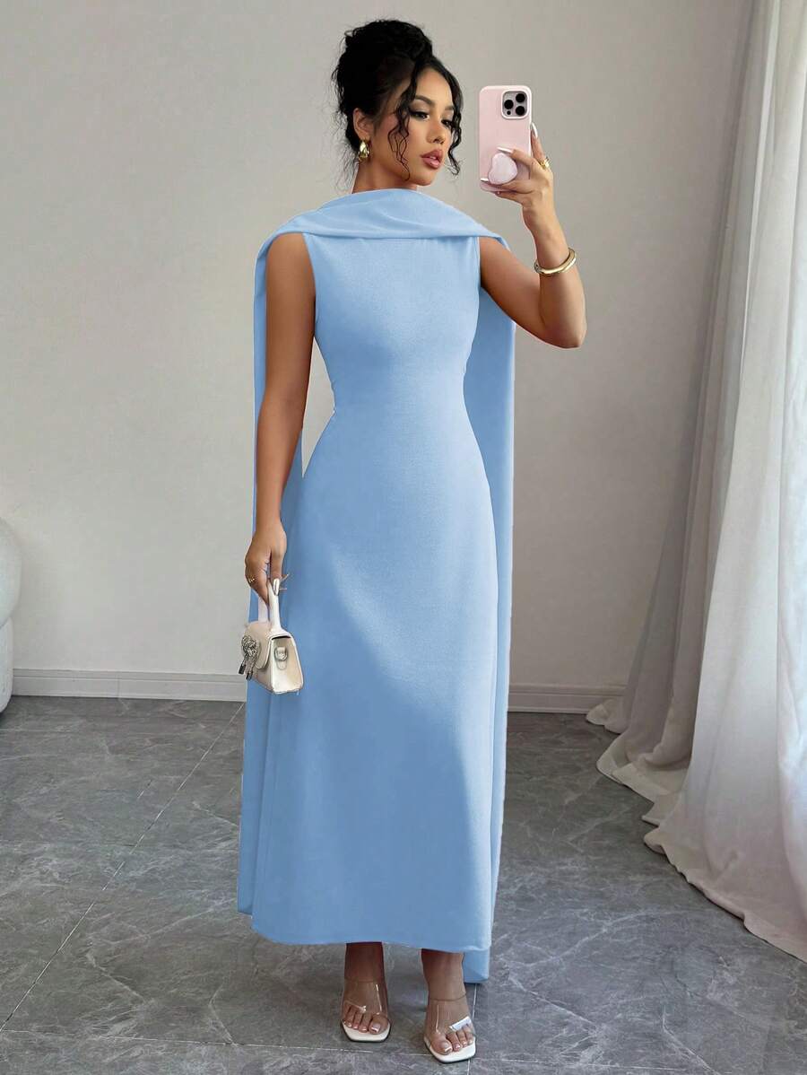 Elenzga 女士通勤简约纯色拼布缎带装饰无袖优雅连衣裙 - 藍色 - 查看 1