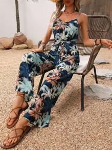 Breezaya Mono informal de pierna ancha con estampado de palmeras para mujer - Multicolor - Ver 6