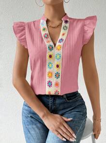 SHEIN LUNE Dames casual blouse met bloemenpatroon, V-hals en kapmouwtjes