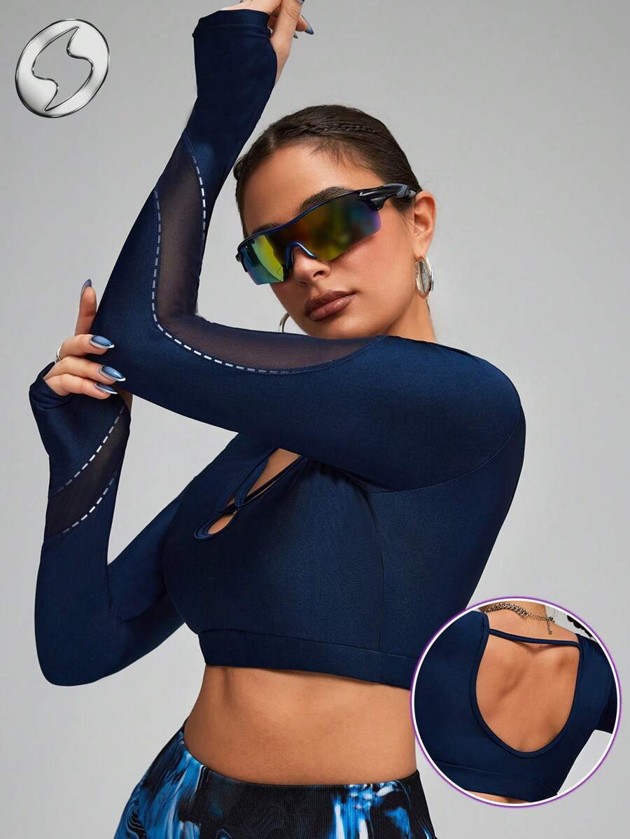 Innovista Women Navy Blue Gym Activewear Sports T Shirt,Autumn Athleisure Hollow Out Backless Breathable Mesh Padded Workout Top,Moister-Wicking Fitness Gear - Navy Blue - View 1
