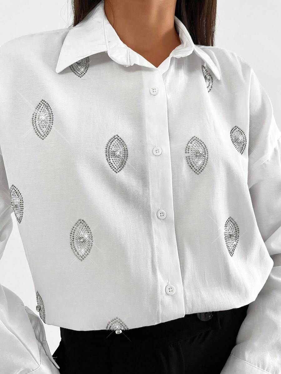 EURMUSE LONG SLEEVE EYE RHIENESTONE BACK YOKE SHINNY SHIRT - White - View 1