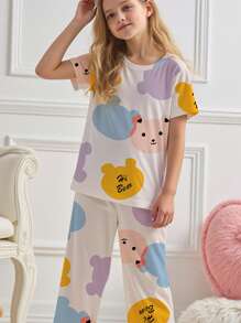 SHEIN Leap Crew Tween Girl Casual Minimalist Cartoon Bear Pattern Round Neck Short Sleeve Pants Lounge Sets, Summer