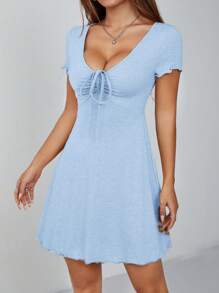 SHEIN PETITE Lettuce Trim Drawstring Knot Front Summer Women Outfit Black Dress,Pastel Dresses For Women