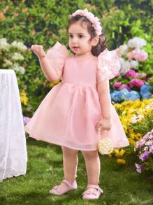 Baby Girl Cute & Elegant Peony Pink Organza Solid Color Ruffled Short Sleeve Dress/Garment