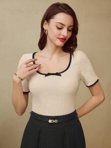 Vintamour Vintage Classic Elegant Women Patchwork Bowknot Fitted Short Sleeve T-Shirt, Peach Color Summer For Women Vacation Woman Business Casual Woman Office For Women Church Women Work Women Brunch For Women Old Money Style Women Teacher For Women Tropical Vacation Woman Bow Summer Tops Going Out Tops Festival For Women Cute Summer Tops 1960s