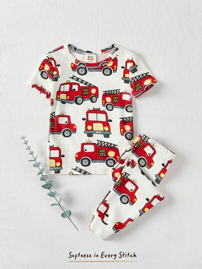 Cozy Pixies Newborn Baby Boy Cartoon Car Pattern Knit Soft Round Neck Short Sleeve Top And Elastic Waist Long Pants 2 Pieces Snug Fit Pajama Set