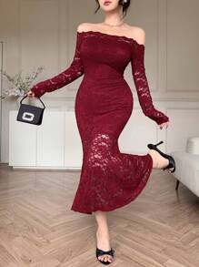 xheDAZY Vestido formal largo de mujer con encaje y parches, elegante, con volantes, vestido largo de manga larga y hombros descubiertos para otoñoxhe - Burdeos - Ver 8