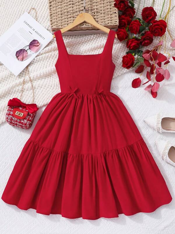 WESTFADE Young Vestido de tirantes rojo con diseño de lazo y silueta evasé para niña preadolescente, vestido casual y de moda para vacaciones, nueva llegada de primavera/verano