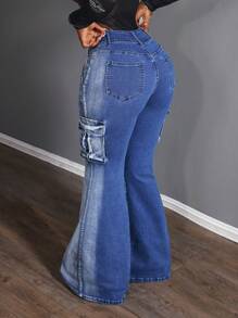 Slaydiva Women's Cargo Pocket Flare Casual Versatile Denim Jeans - Blue - View 3