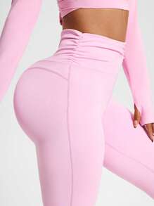 SHEIN Sports 女士纯色褶皱腰休闲健身紧身裤 - 粉色 - 查看 4