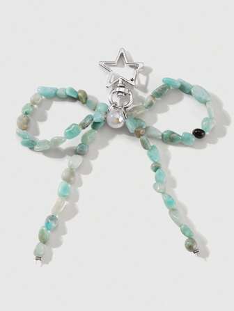 Kawaii 1 Stück eleganter, minimalistischer, personalisierter, handgemachter Schlüsselanhänger mit Perlen, blauem Naturstein, Schleife und Stern, geeignet als Alltagsaccessoire für Frauen/Mädchen, Geschenk zu Feiertagen