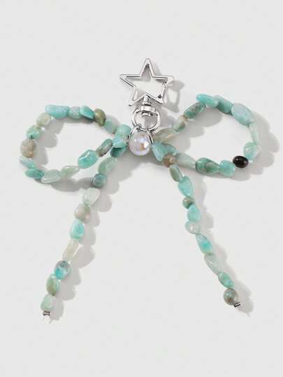 Kawaii 1 pièce Porte-clés élégant et minimaliste en perles fait main, avec pierre naturelle bleue, nœud papillon et étoile. Convient pour le port quotidien des femmes/filles, cadeau de vacances