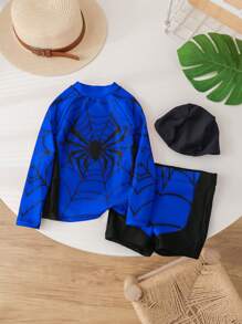 SHEIN 3pcs/Set Baju Renang Anak Laki-Laki Motif Laba-laba & Superhero Lucu Lengan Panjang, Celana Pendek, dan Topi, Cocok untuk Musim Panas, Pantai, Rekreasi, Berenang, Musim Semi - Royal Blue - View 4