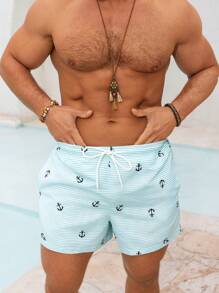Manfinity Swimmode Men's Vacation Striped Anchor Print Drawstring Waist Beach Shorts, Hawaiian - Blue - View 5