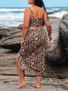 SHEIN VCAY Ensemble 2 pièces top camisole et jupe imprimé léopard grande taille, Ensemble 2 pièces d'été, Vêtements de femme pour vacances tropicales, Léopard - Marron - Voir 2