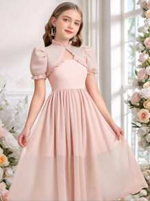 Wildeya Vestido corto elegante y lujoso con lazo, mangas de malla abullonadas y sin tirantes para niña preadolescente, color blanco, adecuado para use en verano y primavera, apropiado para salidas, fiestas y vacaciones