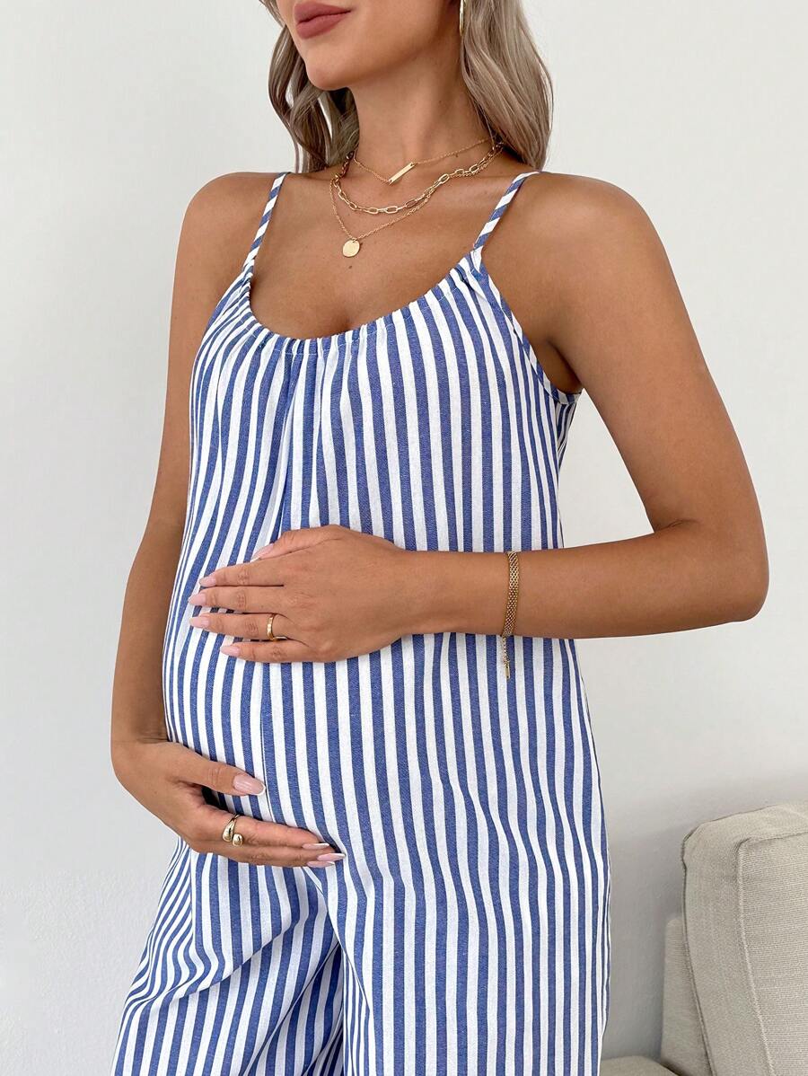 SHEIN Maternity Casual Striped Jumpsuit - Blue and White - View 1